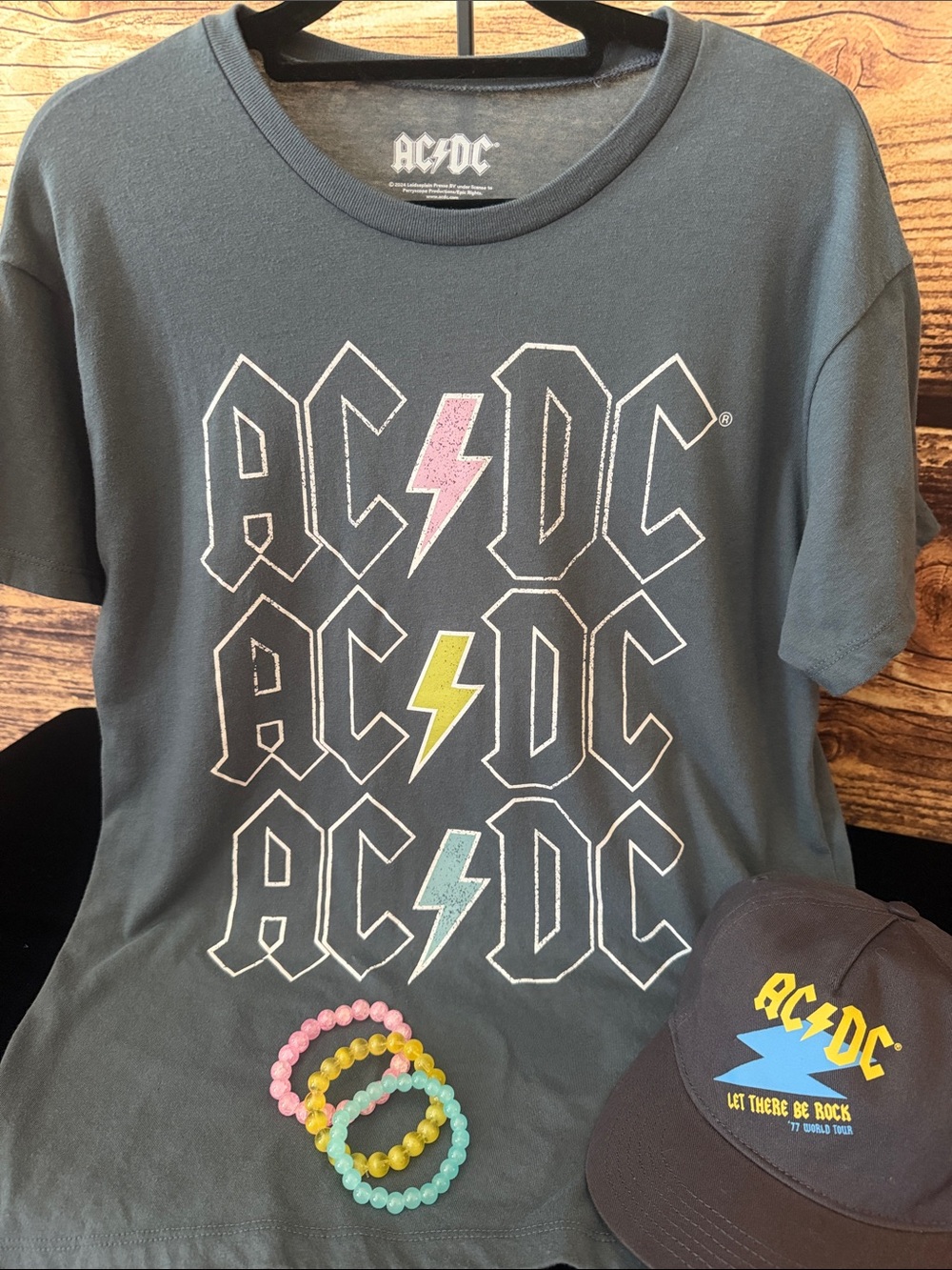 AC/DC Short-Sleeve Tee in Charcoal with Pink, Yellow, Aqua Lightning